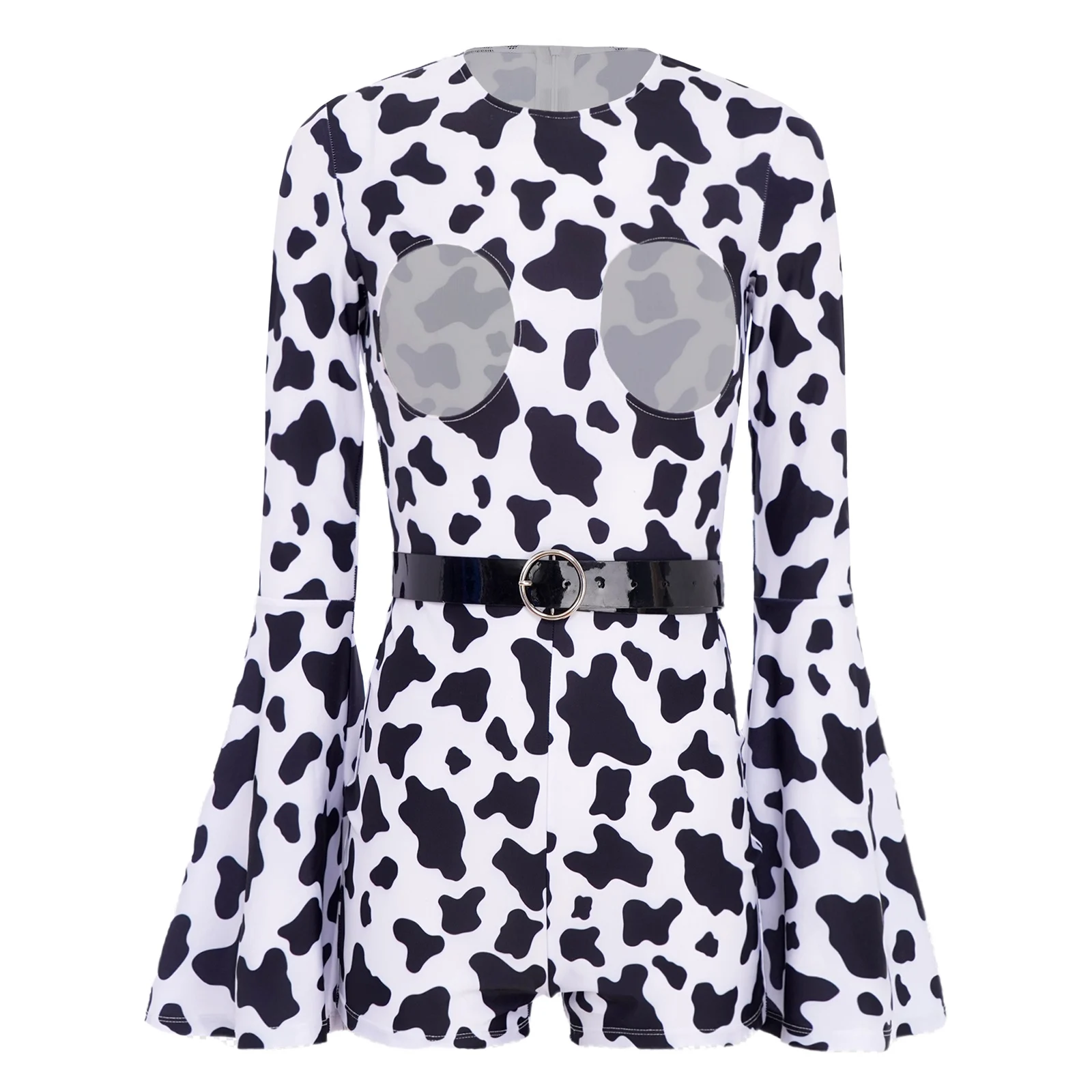 

Womens Cow Print Cowgirls Halloween Cosplay Costumes Long Bell Sleeve Chest Cut Out Back Invisible Zipper Festival Cow Jumpsuit
