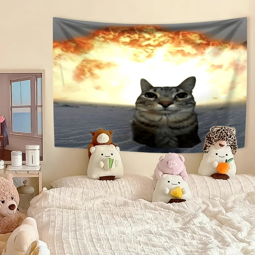 Tapiz de Meme de gato divertido, decoración de animales Kawaii para el hogar, tapices para colgar en la pared, dormitorio, fondo de tela, regalo para Festival, decoración de habitación