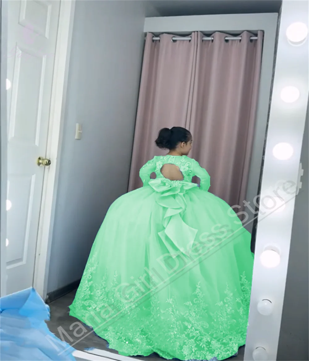 Mint Green Long-Sleeve Girls' Fluffy Bridesmaid Dress With Bow For Beauty Pageants Piano Performances Evening Events