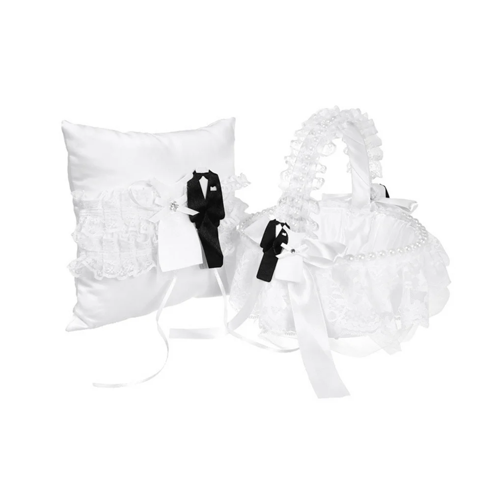 

White Lace Pillow Wedding Cushion For Ceremony Engagement Decorative Bow Ring Bearer Lace Ring Container Reusable Party