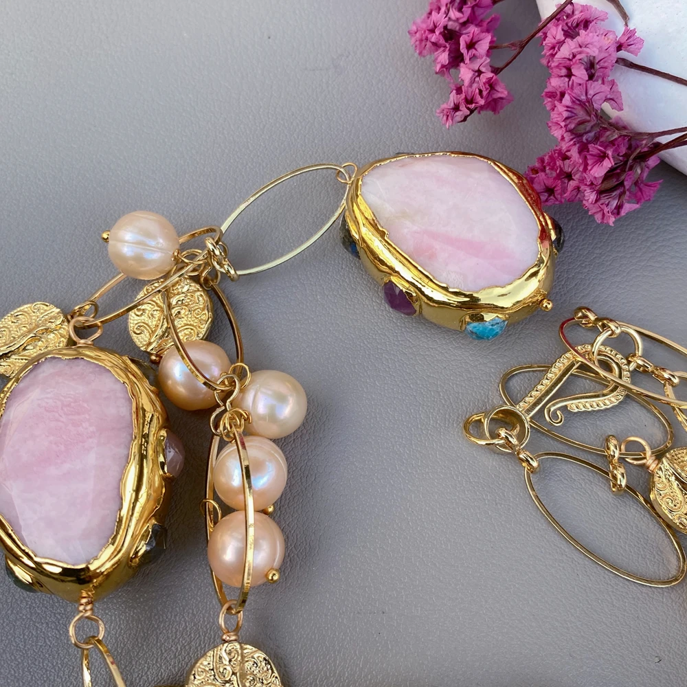Y·YING Cultured Orange Pearl Pink Jade Sunstone Statement Necklace Designer Jewelry