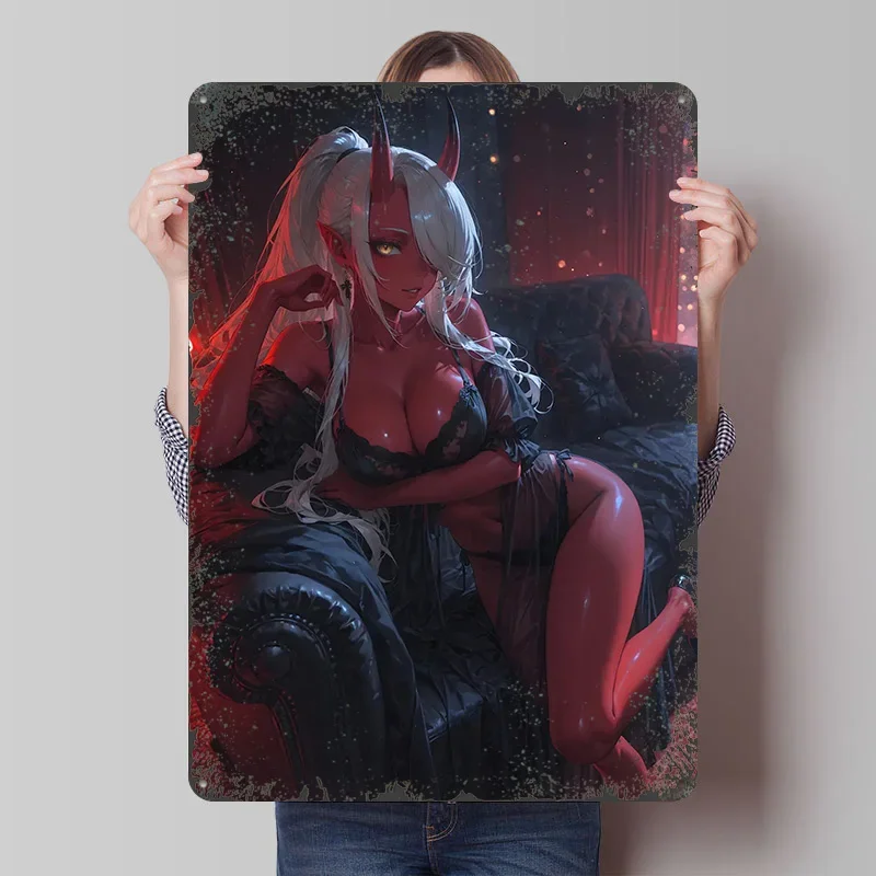 Red-skinned Demon Girl on a Couch Poster Customized Wall Art Vintage Metal Signs Retro Tin Plaque for Man Cave Decoration Gaming
