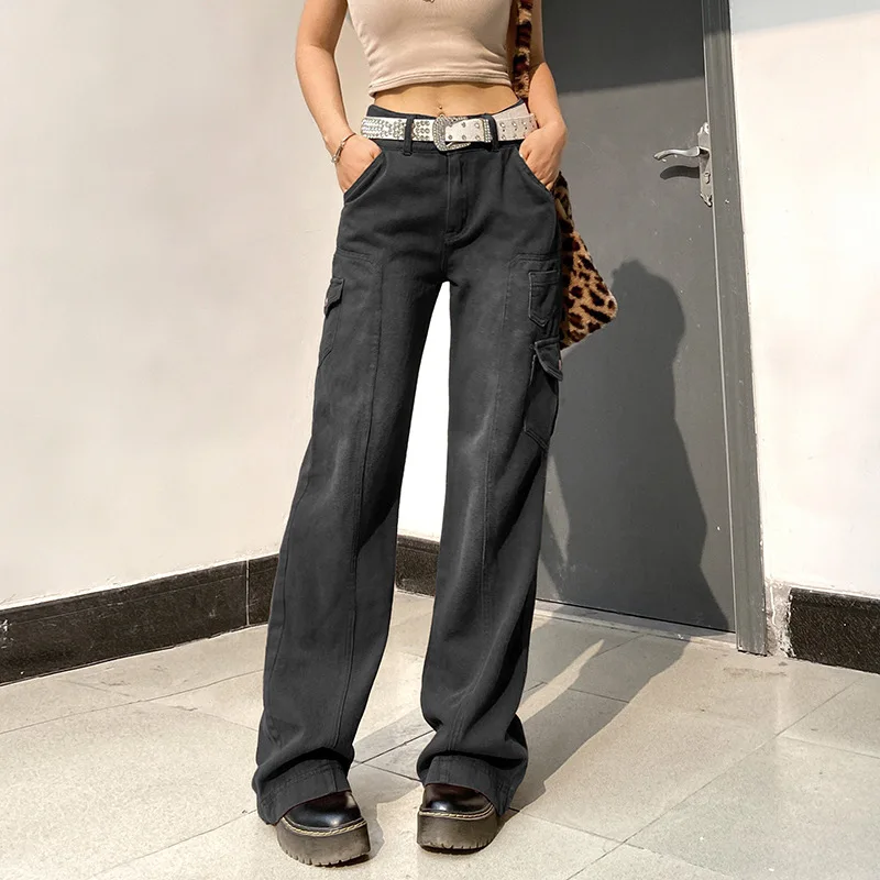 

2023 New Ladies Street Harajuku High Waist Straight Casual Jeans Pants Irregular Pocket Tooling Mopping Pants Dad Pants