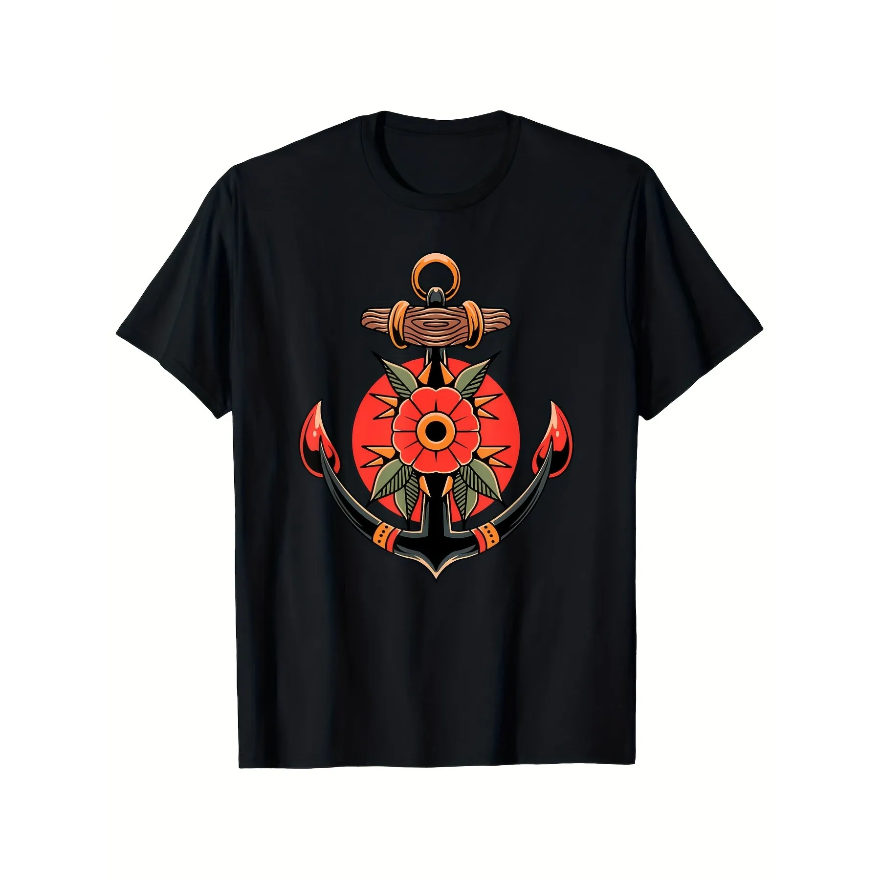 Traditional Anchor Rose Tattoo Graphic Short Sleeve T-Shirt Breathable Cotton Casual Daily Tee