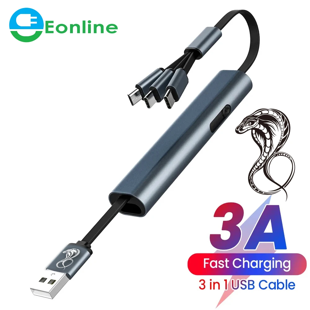 EONLINE 3D UV 3IN1 Fast Charging USB Cable for Phone Samsung Huawei Hidden Multi Retractable Micro USB C Charger Cable