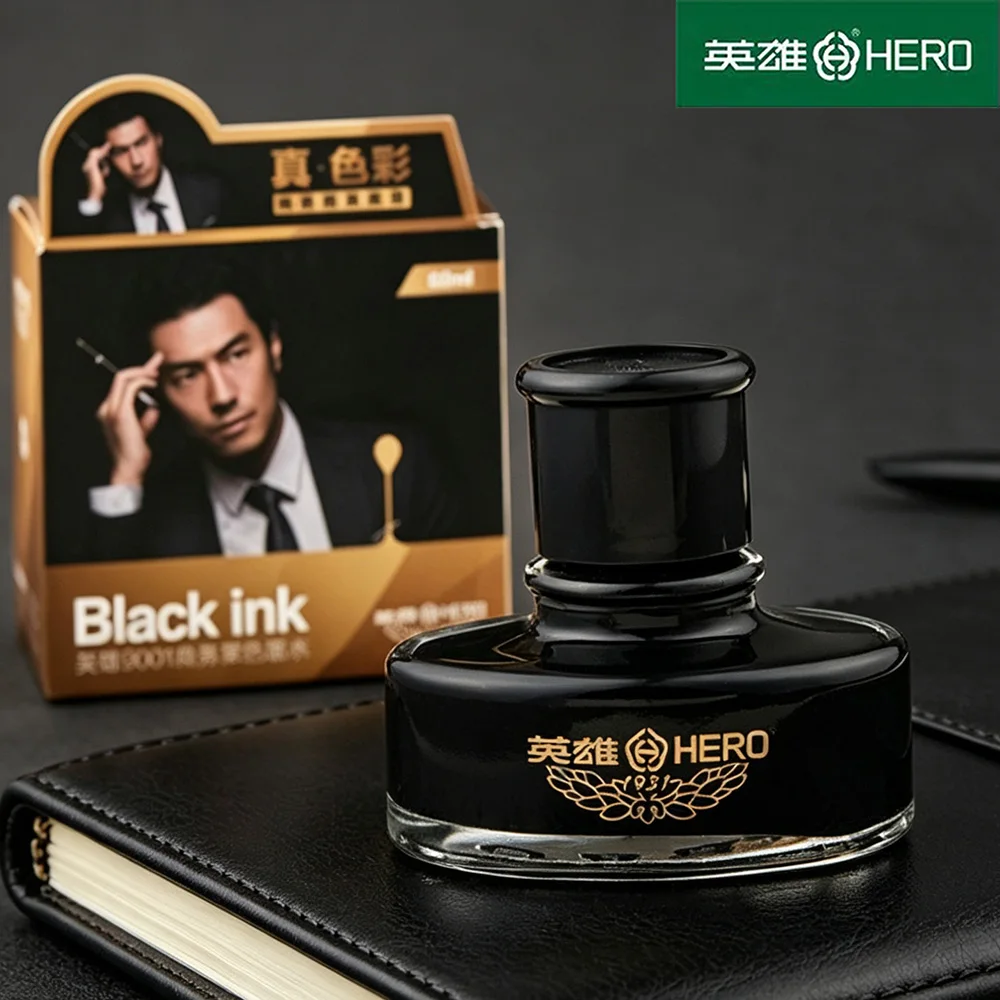 Hero 9001 Professional Black Ink 50ml Dye-Based Fast-Drying Non-Clogging Fluid Ink for Business Office Fountain Pen Stationery