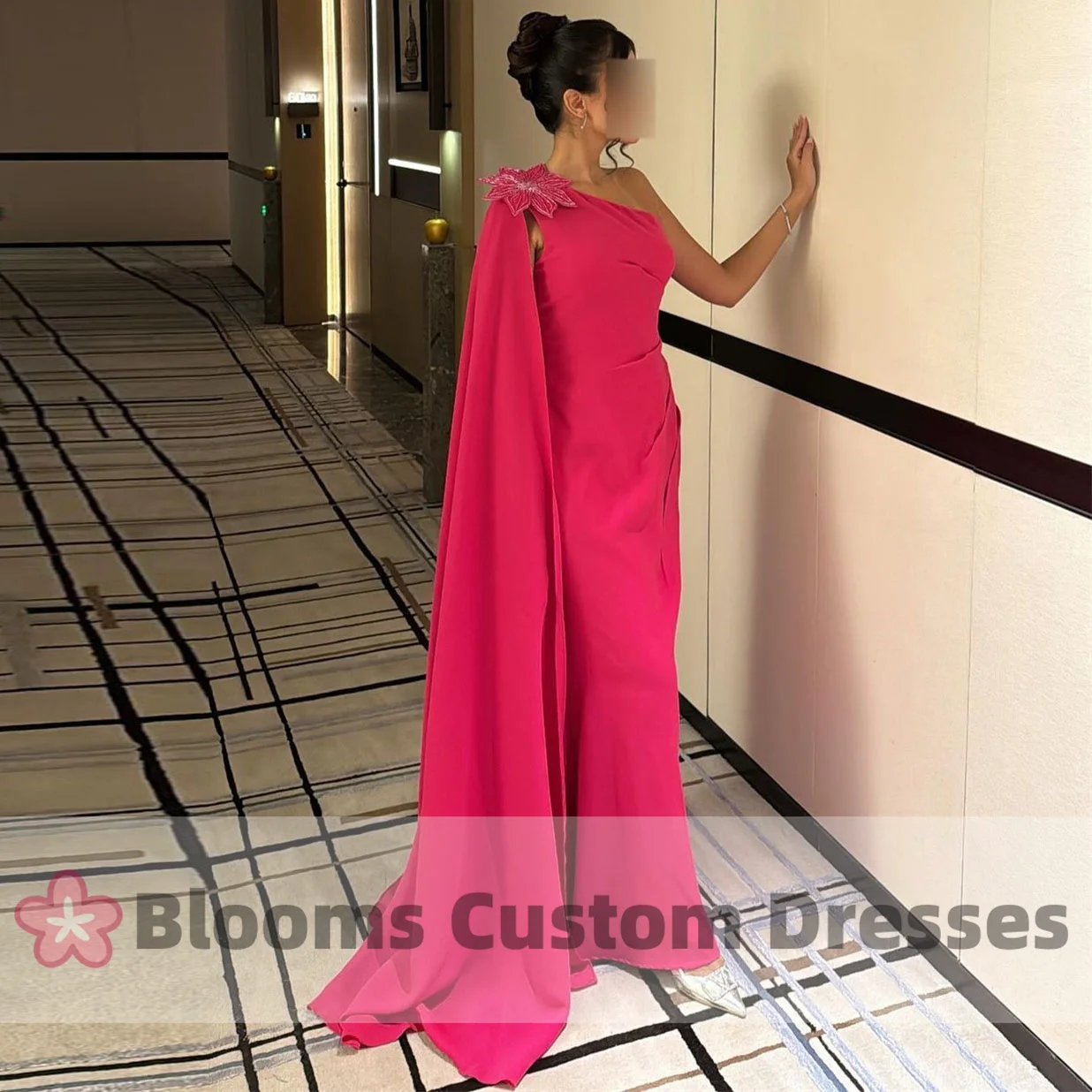 Blooms One-shoulder 3D Flower Beaded Prom Dress Cape Sleeve Floor-length Formal Occasion Gown Customized Arabia Evening Dresses