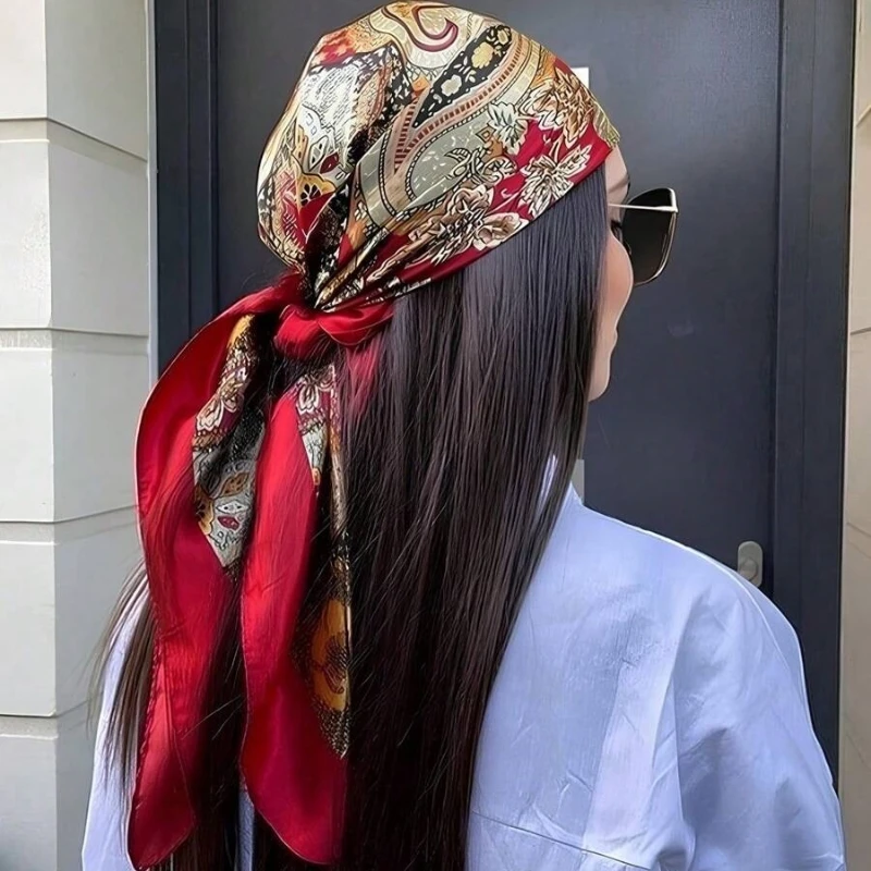 

90*90cm Printed Square Scarf Muslim Paisley Luxury Shawl Women Fashion Cashew Hijab Silk Feeling Satin Floral Hair Wraps