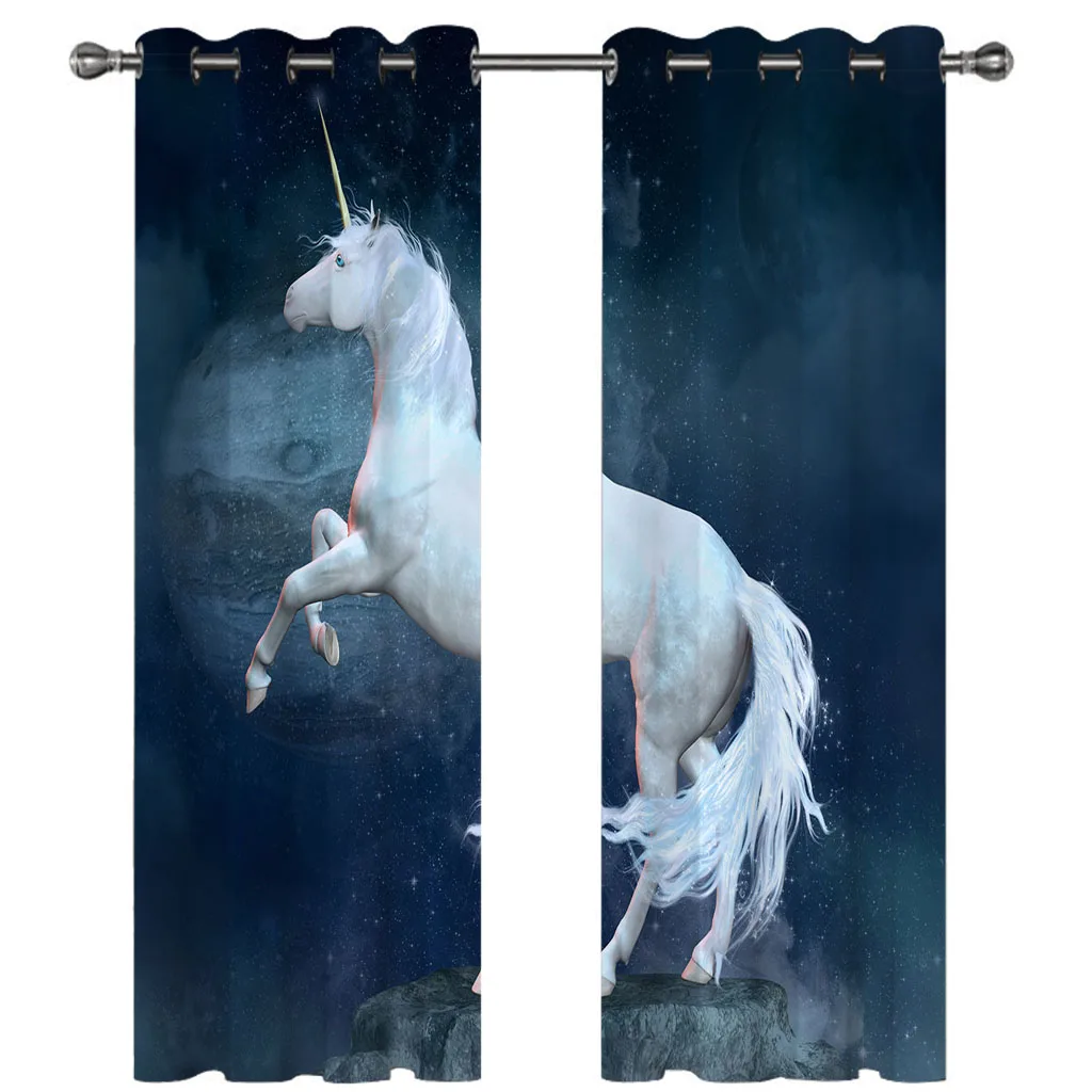 HUANZHUANG Elegant Room Curtains Animal Horse Blue Stars Best Selling Bohemian Style Living Room Bedroom Home Decor Curtains Fre