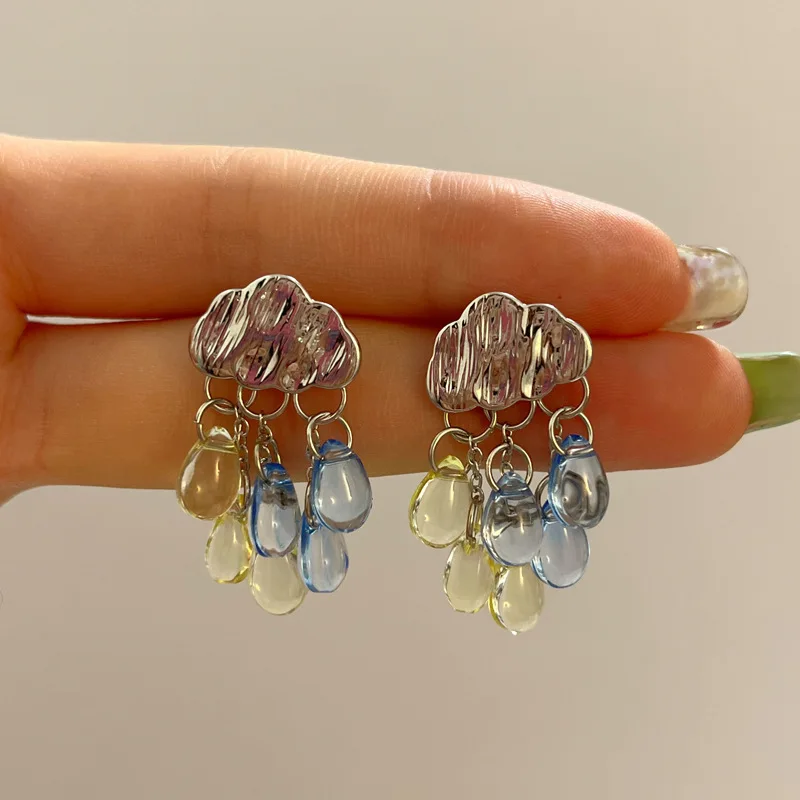 Silver Color Cloud Tassel Drop Earrings Women Color Crystal Water Drop Dangle Earrings Minimalist Cold Style Party Jewelry Gifts
