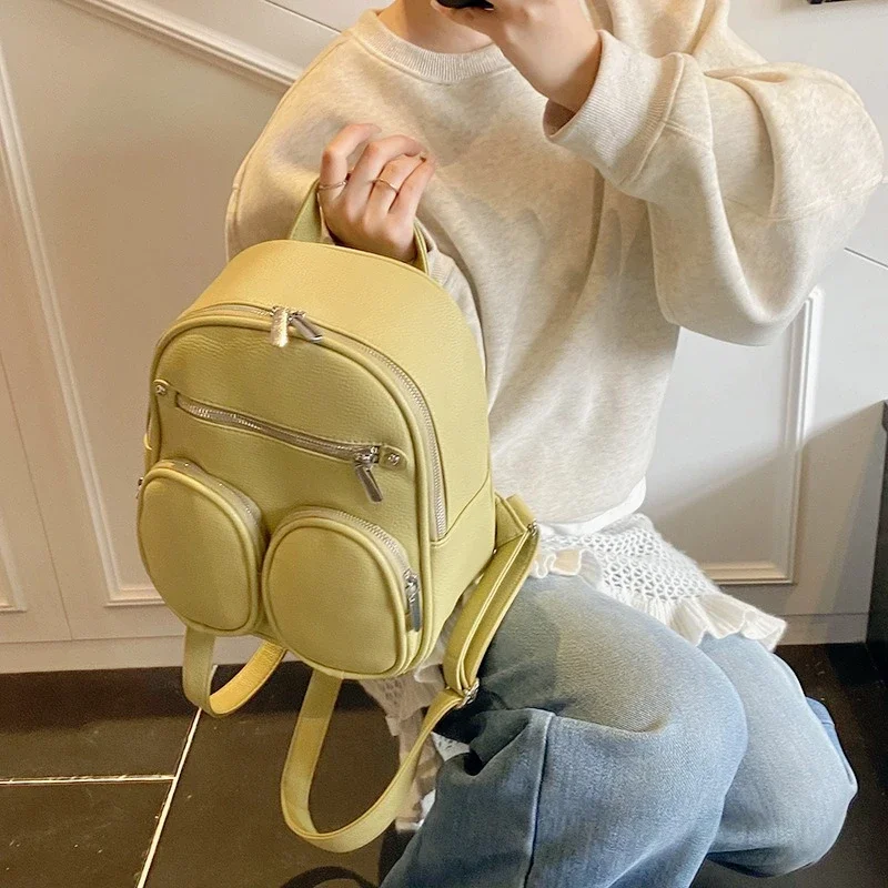 

New Small Backpack Fashion Solid Color Zipper Women Shoulder Bag Large Capacity PU Leather Travel Backpack Designer Luxury Bags