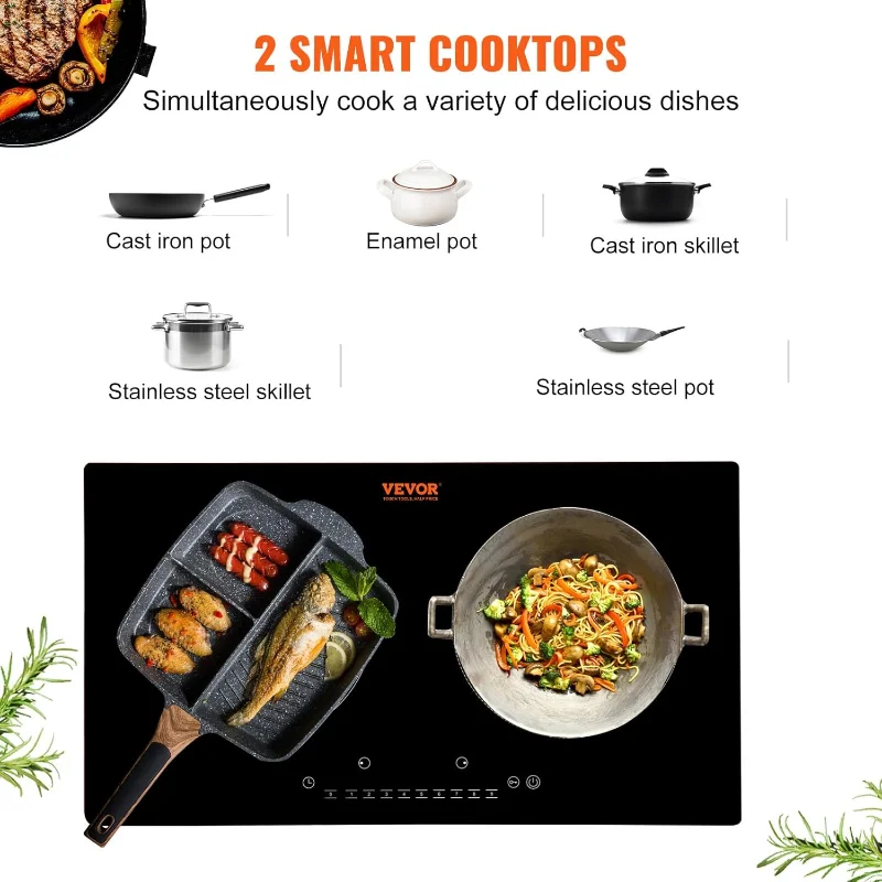Встроенная индукционная электрическая плита VEVOR, 24 дюйма, 2 горизонтальные горелки, электрическая варочная панель, 9 уровней мощности и сенсорное управление