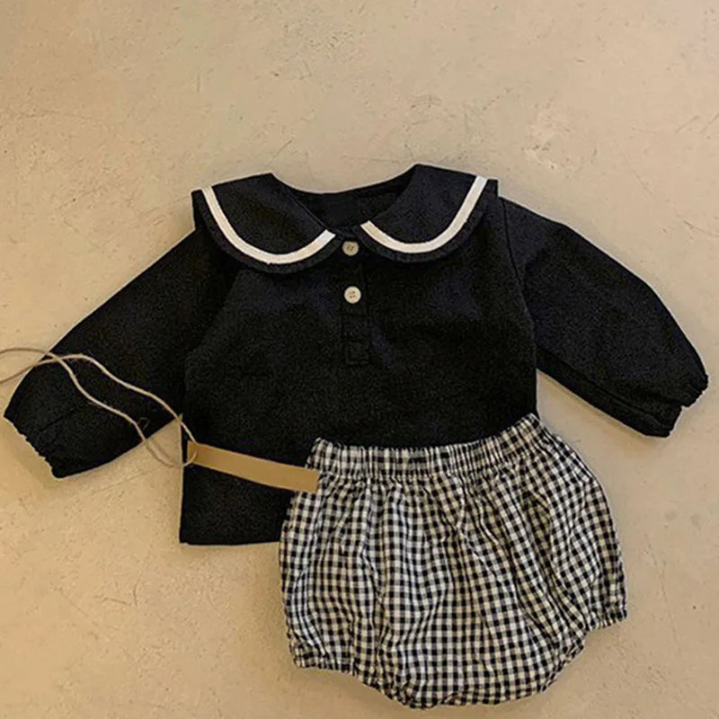 Korean Style Spring Autumn Newborn Baby Boys Girls Clothing Set Long Sleeve Shirt+Plaid PP Shorts Toddler Baby Girl Clothes Suit