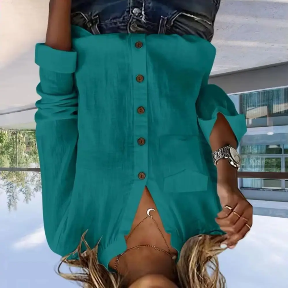 

Женская однотонная рубашка с длинными рукавами, повседневный кардиган на пуговицах, модная и универсальная рубашка с карманами, женская блузка.