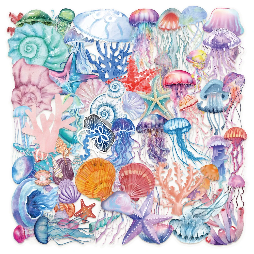 

10/30/50pcs Set of Tropical Fish Transparent Stickers Cartoon Jellyfish Shell Coral Decal Toy Stationery Guitar Car Cute Sticker
