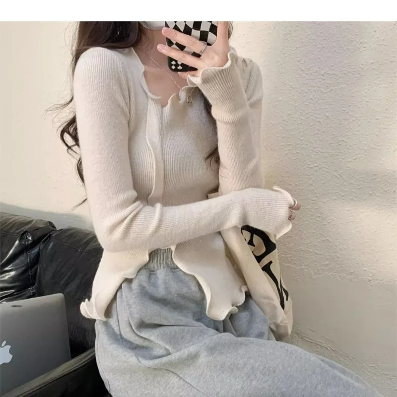 Women\'s Autumn Winter Fashion Solid Color Oblique Collar Wood Ear Edge Casual Versatile Long Sleeve Slim Fit Sweater Knit Tops