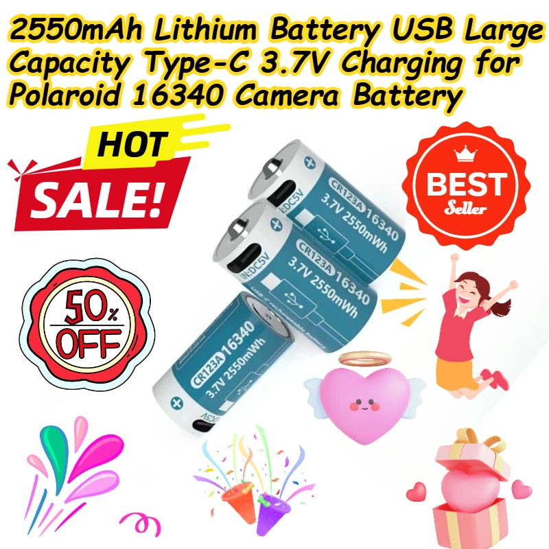 

2550mAh Lithium Battery USB Large Capacity Type-C 3.7V Charging for Polaroid 16340 Camera Battery