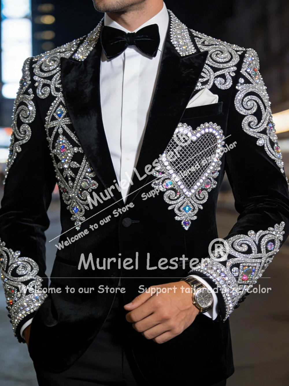 Exclusive Diamond Beading Suit Men For Wedding Single Breasted Groom Velvet Tuxedos Customized 2 Piece Sets Male Fashion Attires