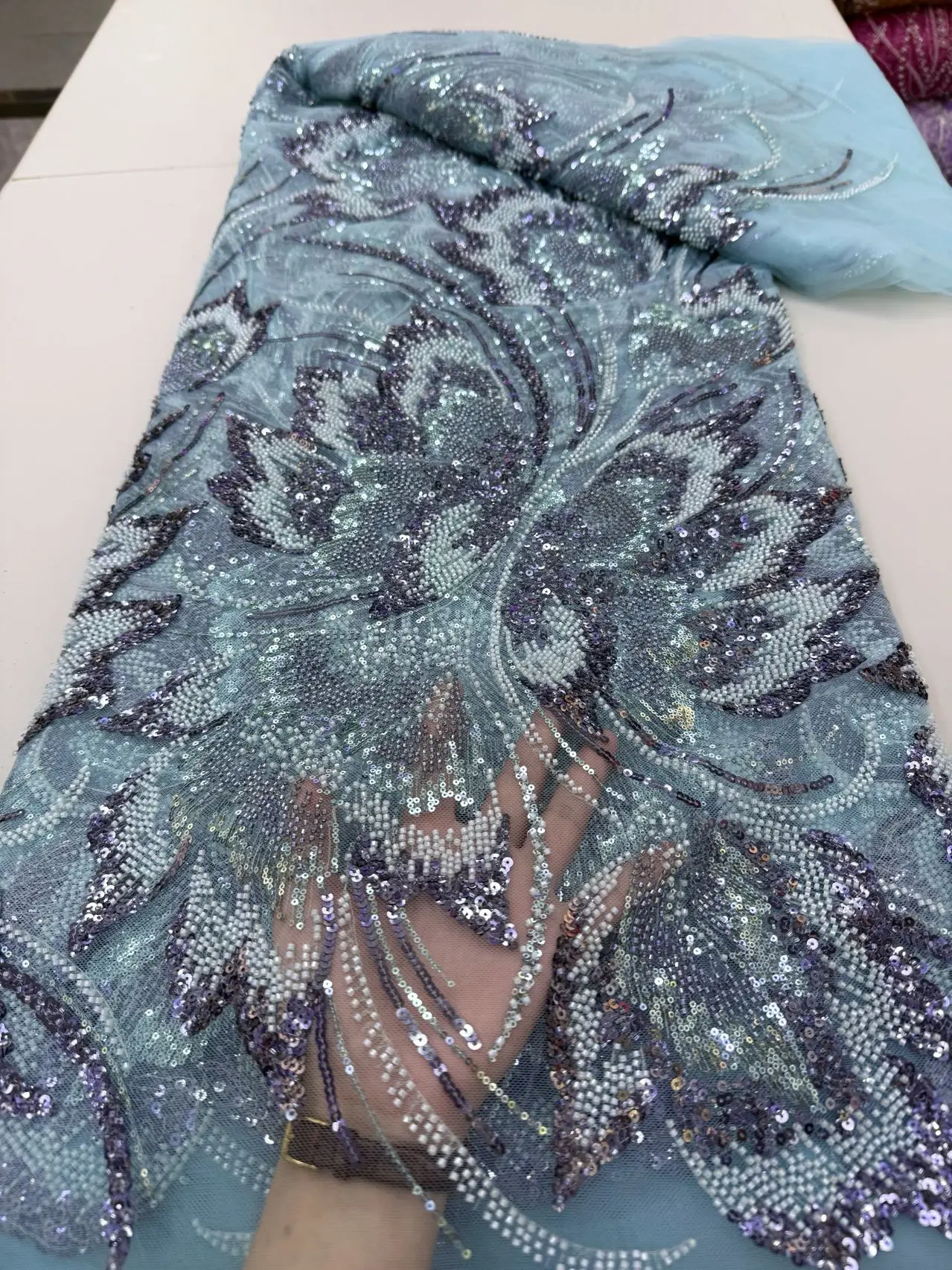African Nigerian Sequins Embroidery Tulle Lace Fabric, Sewing , Beads Stone Prom Dresses, High Quality, 5Yards, 2025 jy452