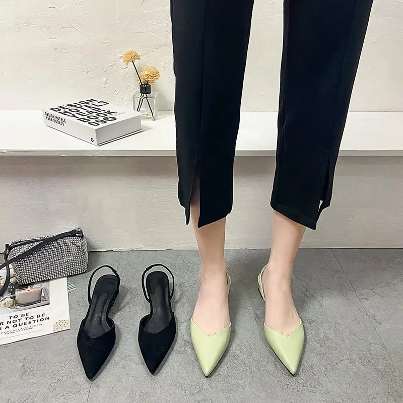 2024 Summer New Pointed Head Back Trip Mid-heel Sandals for Women Baotou Fashion Shoes Thick Heel Sandals