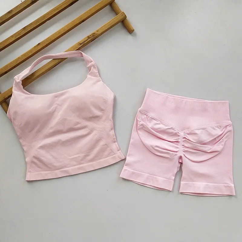 Halter-Neck Rückenfreies Yoga-Outfit Zweiteiliges Set für Damen, Push-Up Sport-BH + Hochgeschnittene Po-Formende Fitness-Shorts – Detail 17