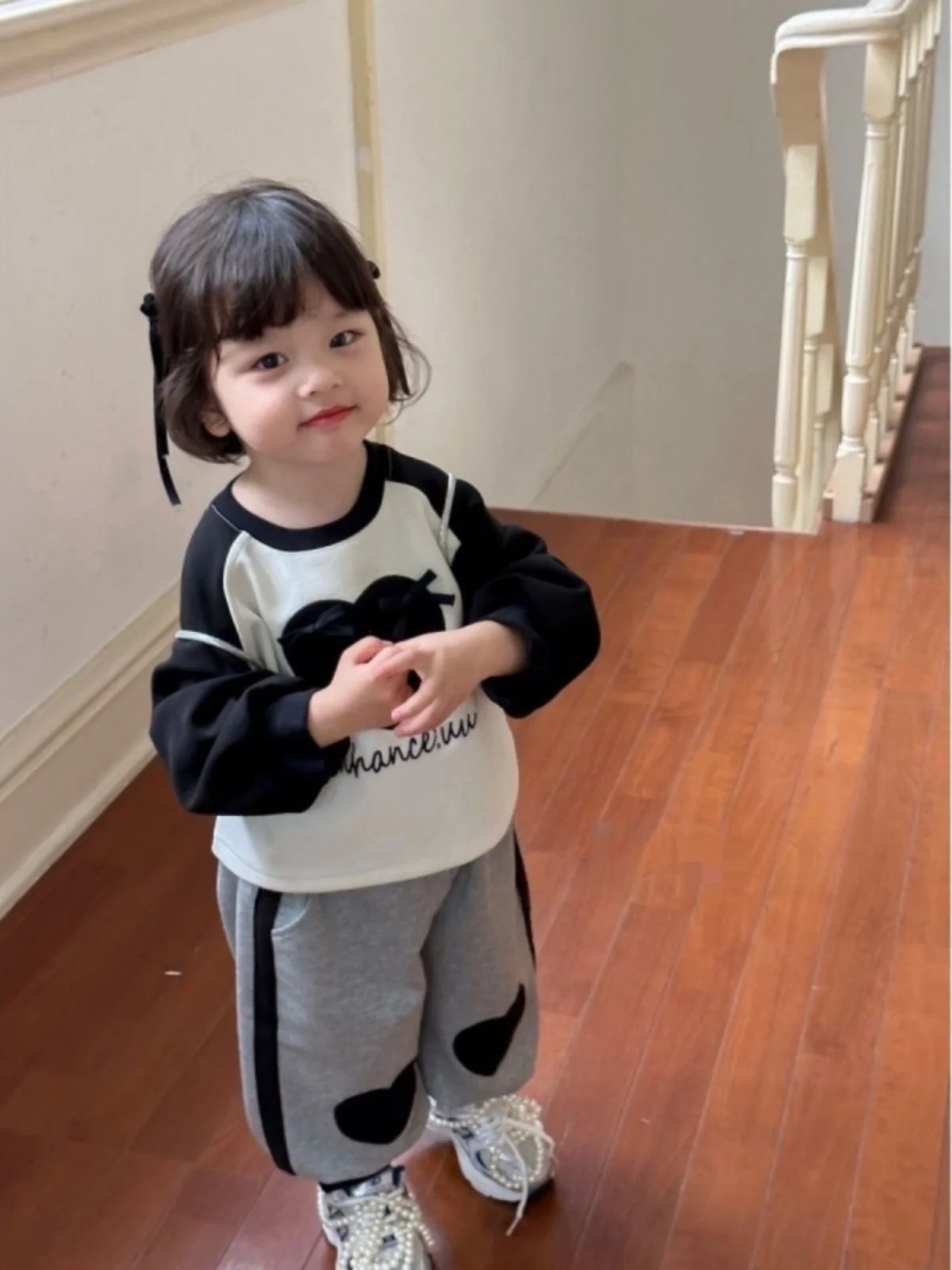Baby Girl Hoodie Set Long Sve Heart Print Two-Piece Outfit Spring Autumn Korean-sle Children's Wear Comfortable Cotton B...