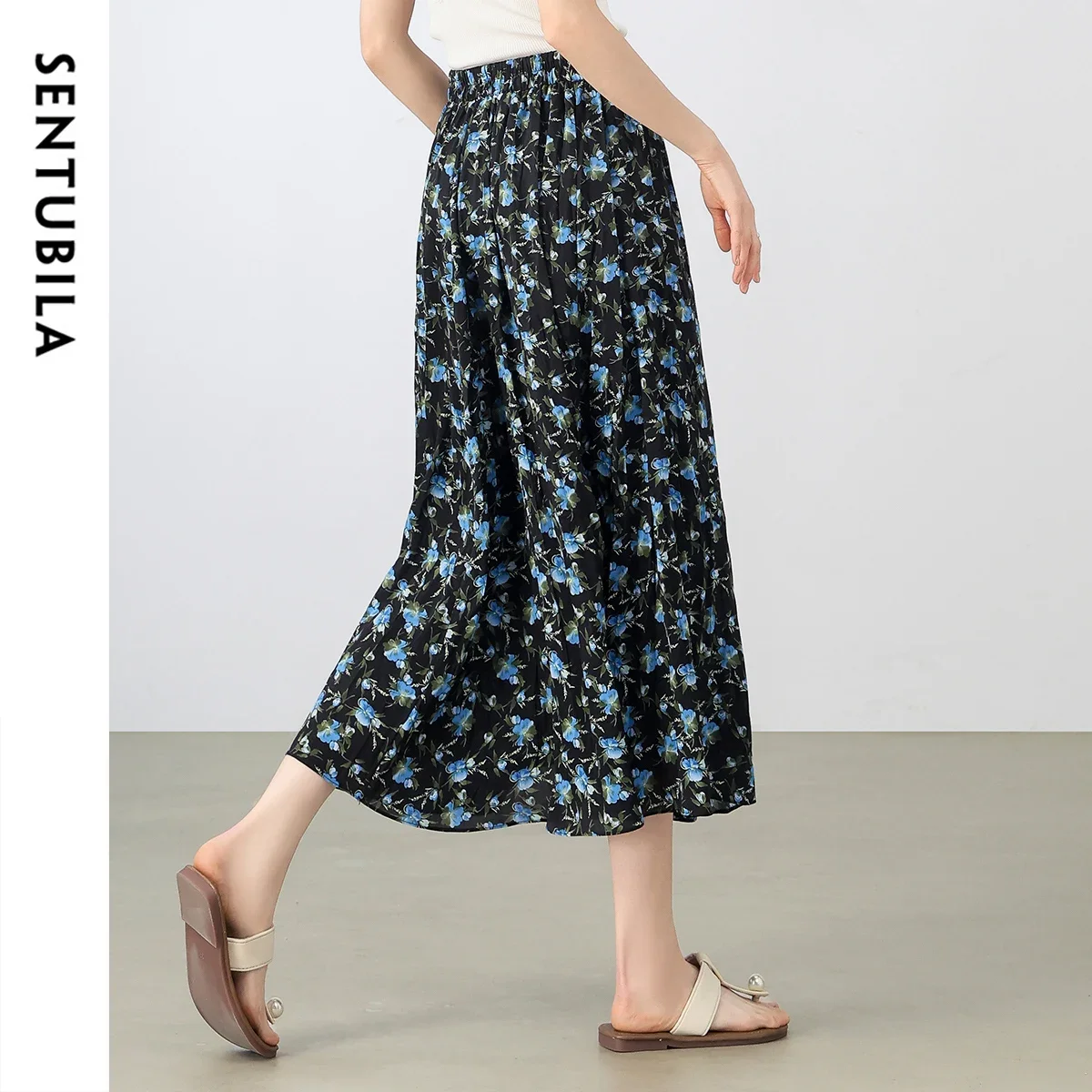 

SENTUBILA Women's Floral Pleated Skirt 2025 Summer Elastic Waist A-Line Holiday Causal Fashion Midi Chiffon Skirt 152Q80562