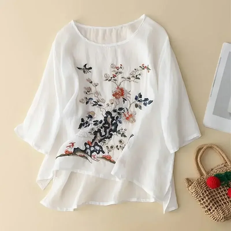 Cotton linen embroidered round neck five-point sleeve blouse 2023 summer new women's retro literary loose large yards temperamen