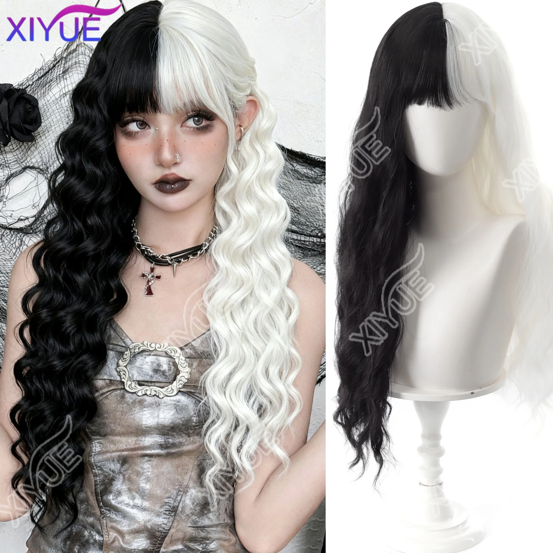 วิกผมคอสเพลย์มีหน้าม้า ผมสังเคราะห์ ยาว 24 นิ้ว ผมหยิก ทนความร้อน สีดำและสีขาว สำหรับผู้หญิง