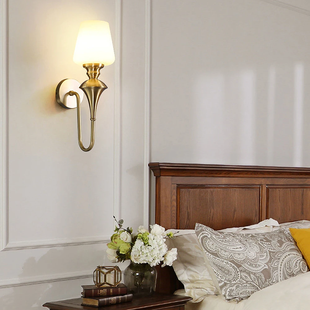 Vintage European Golden Brass Wall Lamp Milky Glass Shade Single/Double Head LED Wall Light for Hallway Corridor Home Lighting