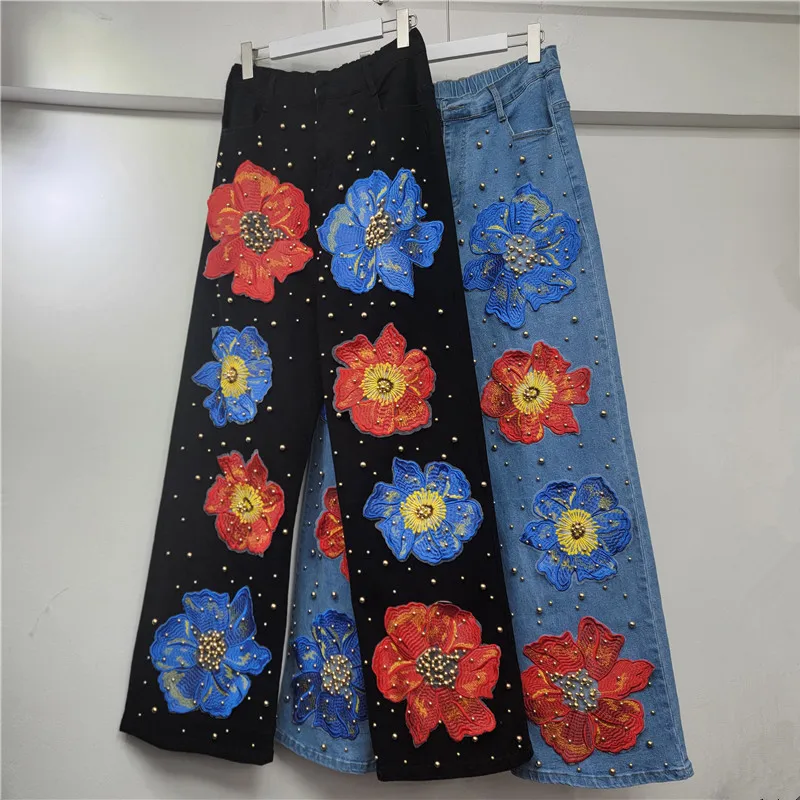 

Heavy Beaded Flower Denim Pants for Women, 2025 Trendy New High Waist Loose Elastic Slimming Versatile Wide Leg Pants Jeans