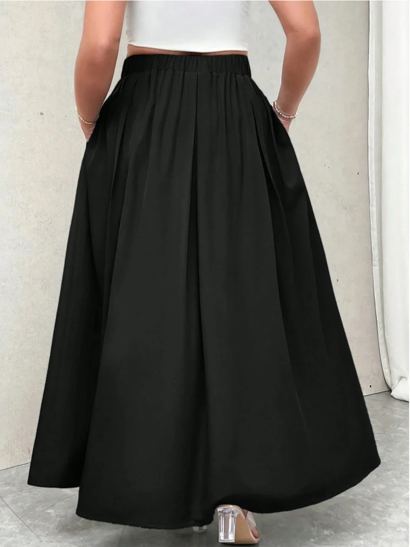 Plus Size Damen Einfarbiger Plissierter Maxirock mit Hoher Taille, Ausgestellter Langer Rock, Lässig-Eleganter A-Linien-Rock für Damen – Detail 6