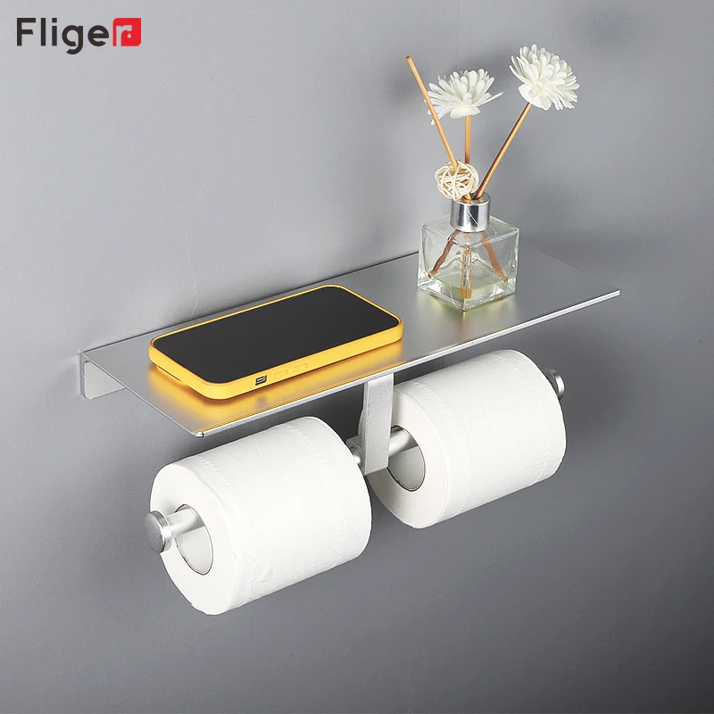 Fliger No Drill Toilet Paper Holder Black Double Paper Roll Holder Bathroom WC Paper Phone Holder Shelf Towel Roll shelf