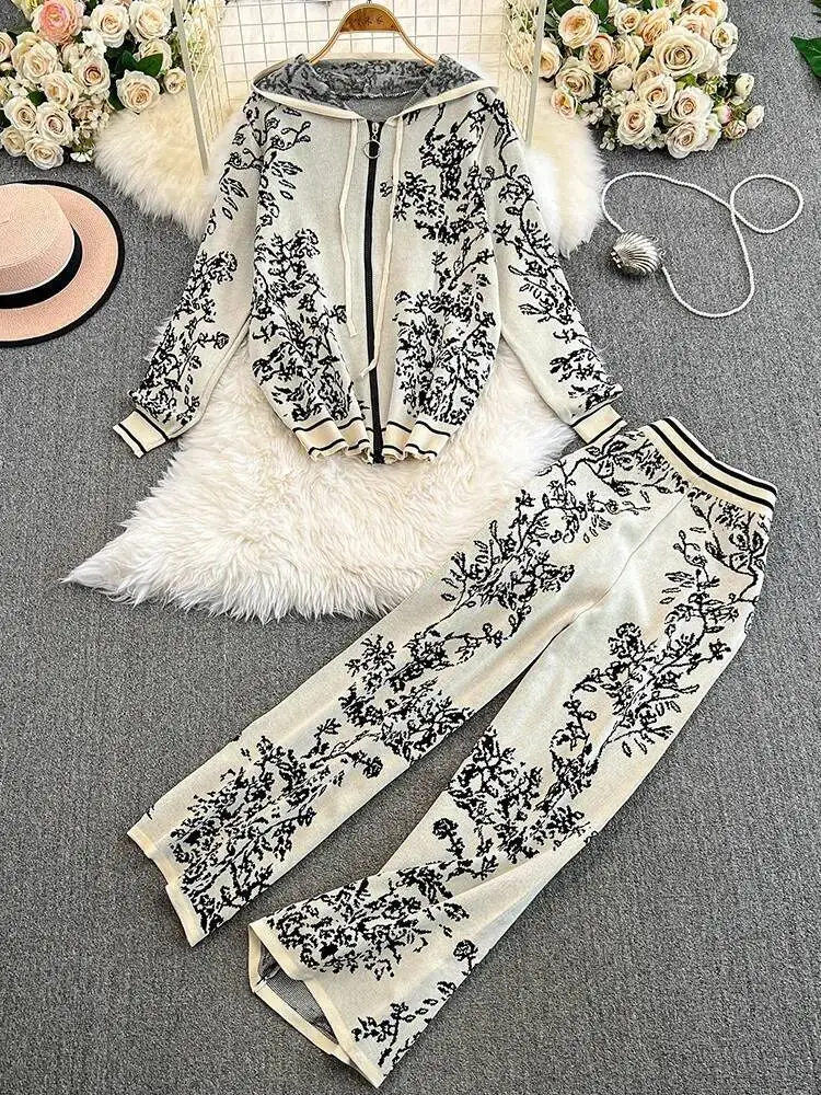 

Women Sweater Two Piece Sets Autumn Winter Ink Painting Jacquard Zipper Hooded Cardigan Top High Waist Wide Leg Pants Tracksuits