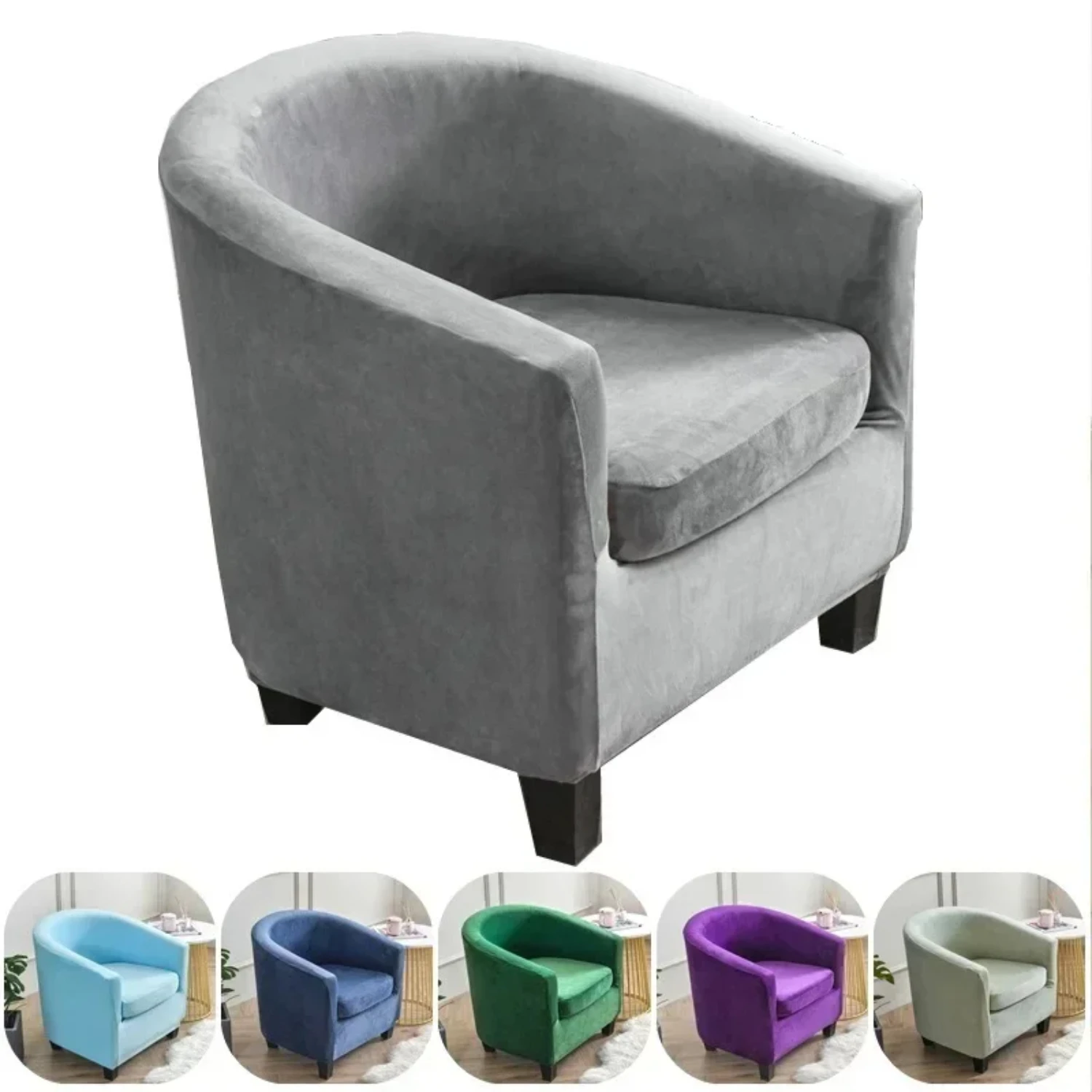 Elegant Velvet Club Armchairs Covers with Elastic Cover and Seat Cushion - Single Seat Tub Slipcovers for Sofa, Comfortable and