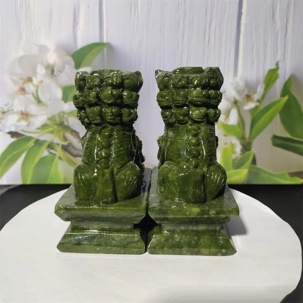 A Pair Natural Stone Jade Lion Statues Feng Shui Reiki Healing Home Decoration