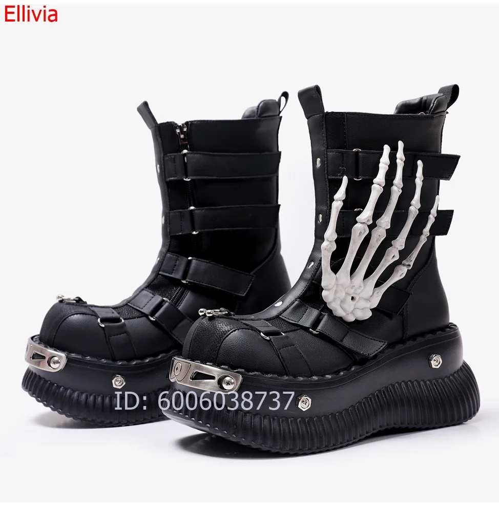 Women Black Platform Ankle Boots Gothic Skeleton Hand Decor Multi Straps Side Zip Chunky Sole Punk Rock Cosplay Fashion Booties