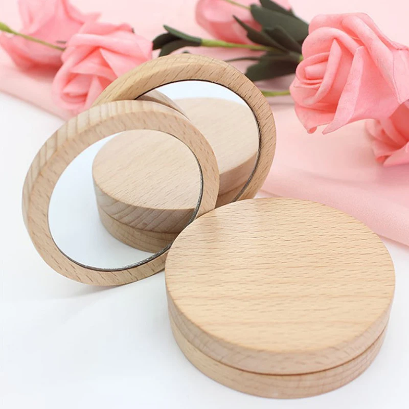 Miroir cosmétique rond en bois pour femmes, portable, tenu dans la main, vintage, maquillage, voyage