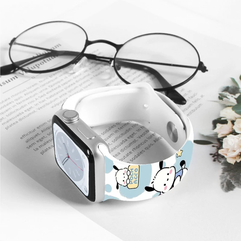 

Ремешок с принтом Pochacco для Apple Watch 46 мм, 44 мм, 42 мм, 41 мм, силиконовый ремешок, сменный ремешок для часов iWatch 11 10 9 8 SE
