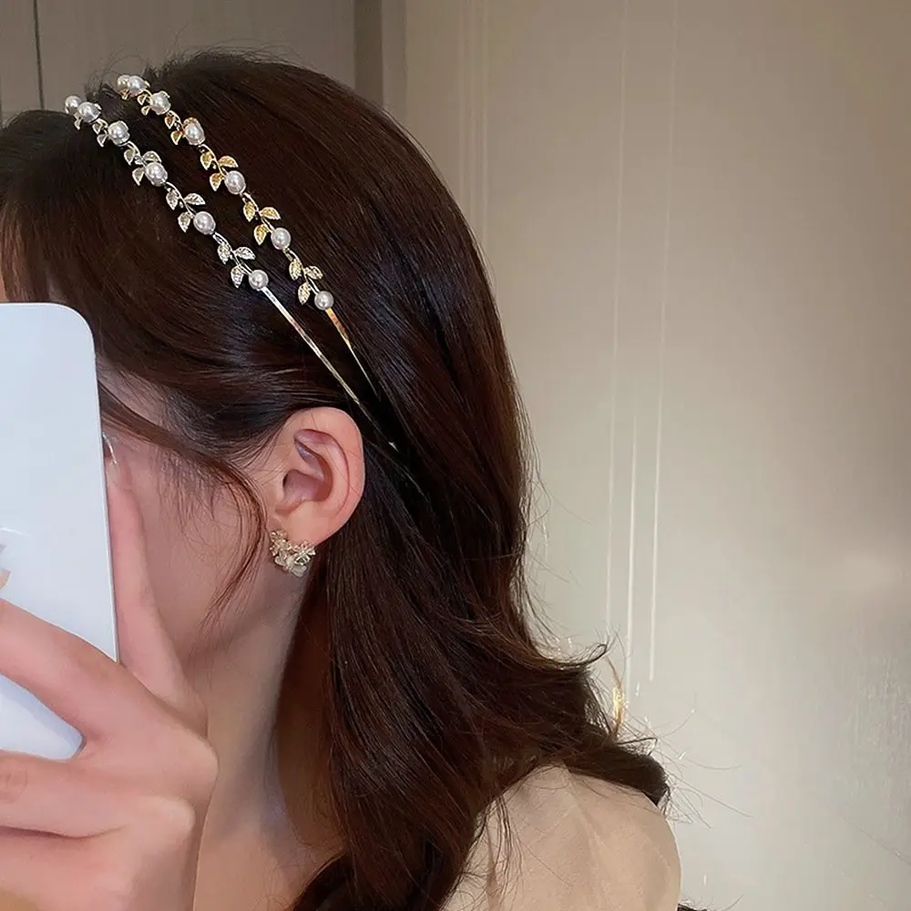 

Pearl Female Hair Accessories Baroque Gold Rhinestone Hair Band Leaf Headband Korean Style Headwear Girl Thin Hair Hoop