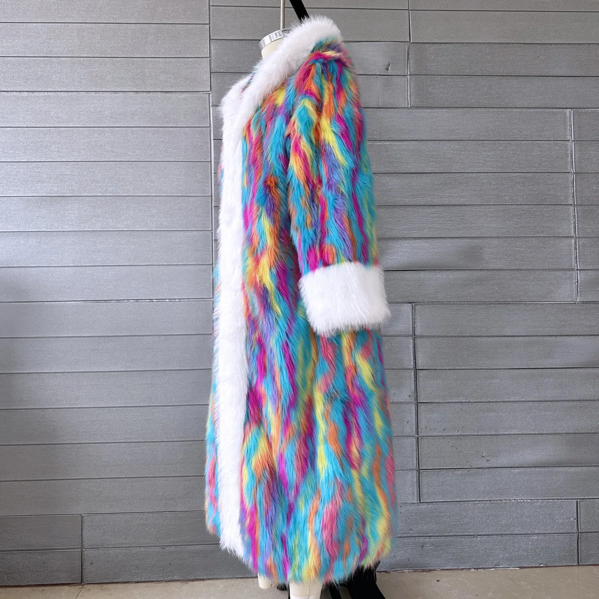 Women Rainbow Multicolor Faux Fur Long Coat Hooded with White Fur Trim Loose Fluffy Warm Party Winter Overcoat