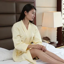 Women Waffle Bathrobe 100%Cotton Long Absorbent Bath Robe Kimono Men LightWeight Waffle Solid Dressing Gown Sleepwear Top+short