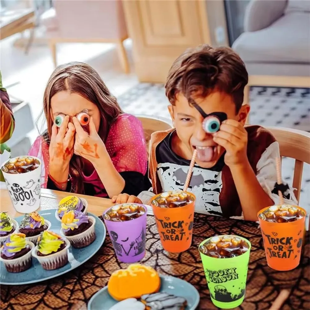 8PCS Plastic Halloween Party Cups Ghost Skull Pattern 450ML Juice Cup Smooth Cup Rim Matte Texture Drinking Cup