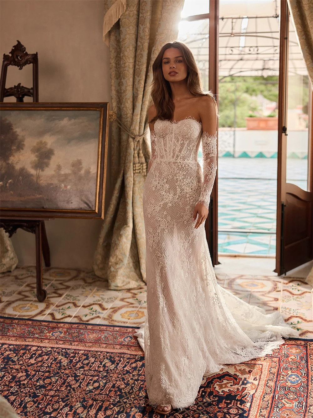 

Customized Elegant White Lace Bridal Gowns Boho Sweetheart Sleeveless Wedding Dress Sexy Mermaid Court Train Vestido De Novia