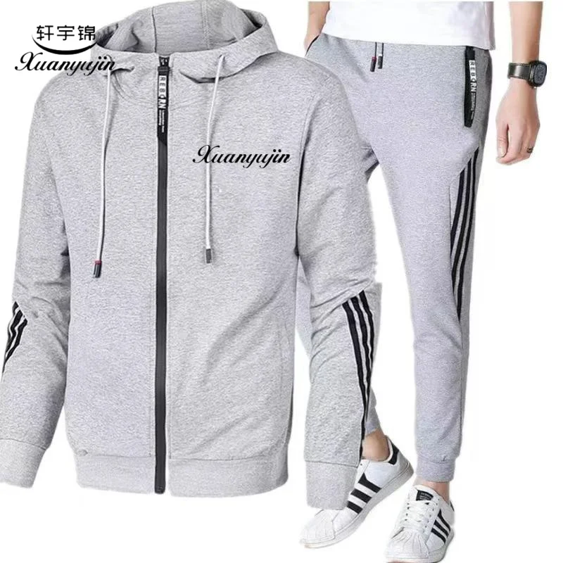 Xuanyu Jin European Men's Sweatshirt Set Pure Color Hooded Sweatshirt Sweatpants Sportswear Two-Piece Set Men's Slim Casual Clothing Youth Fashion Trendy Clothing