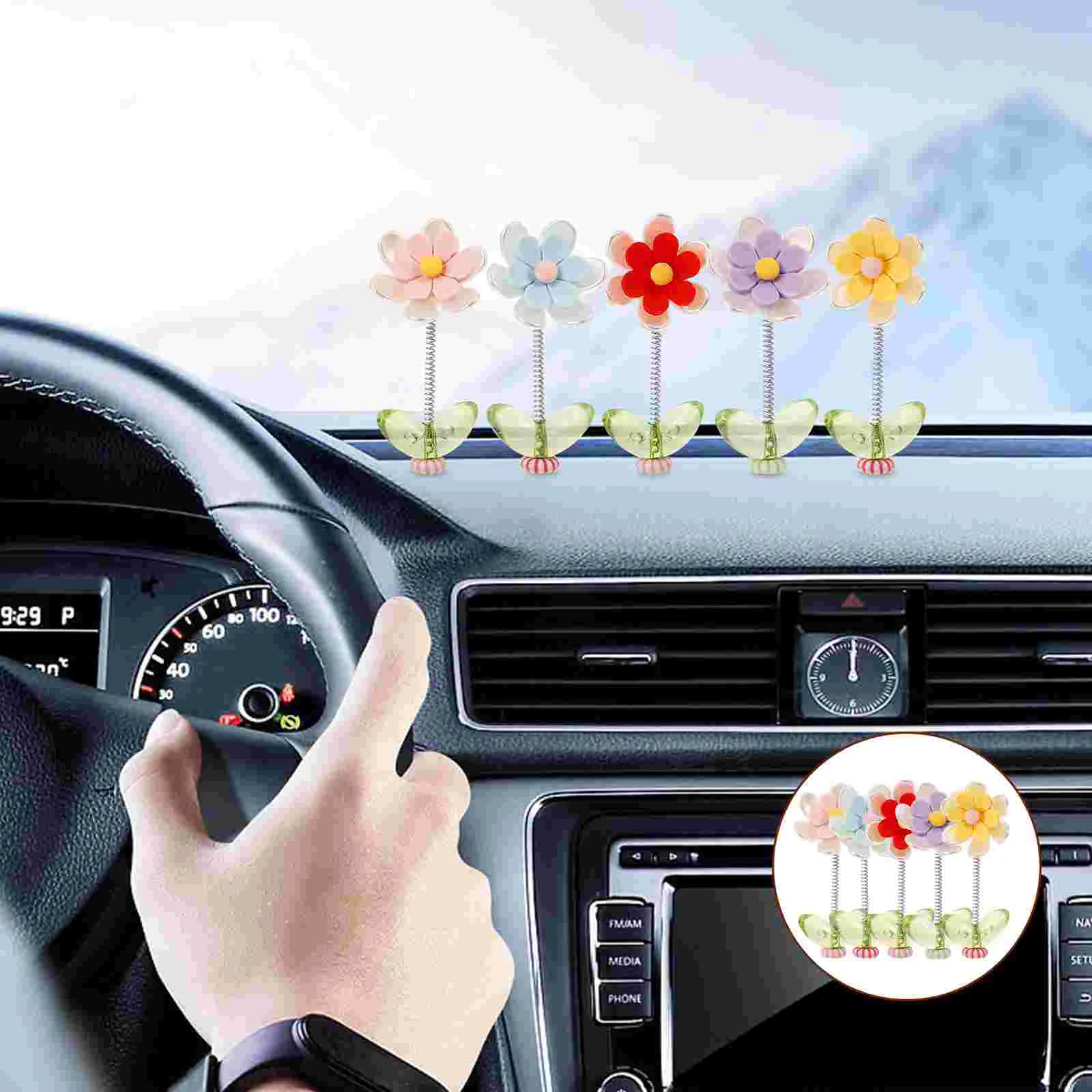 5 Pcs Car Spring Ornaments Plastic Figurines Dashboard Decorations Base Flower Mini Desktop Crafts