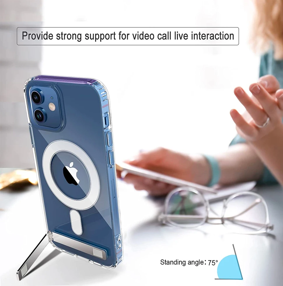 Crystsal Clear Magnetic Stand Phone Case with Metal Kickstand for Wireless Charge iPhone 15 Pro Max 14 Plus 12 13 Mini 11 Cover