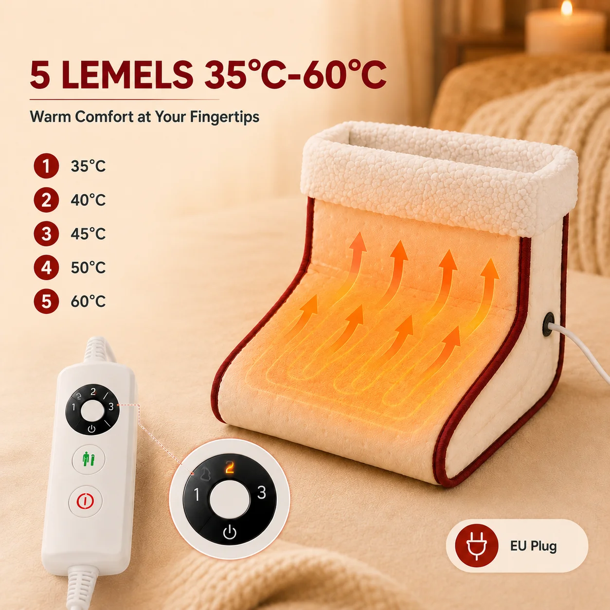 Thermal Foot Warmer White Plush Detachable Washable Liner 5 Temp Settings 1H Auto Shut Off For Home Office  Indoor Winter Warmth