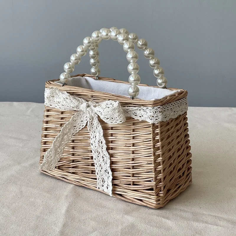 

Pearl Handheld Vine Weaving Basket Wedding Bridesmaid Happy Shop with Hand Gift Basket Square Willow Weaving Bag