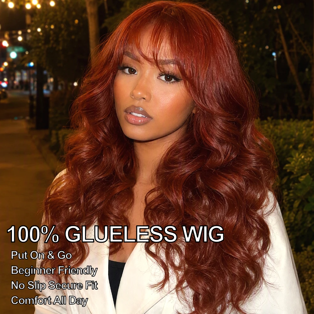 UNICE  Bye-Bye Slip™ 7x5 Lace Reddish Brown Loose Wave Wig With Wispy Bangs 100% Human Hair Drawstring Glueless Wig 150% Density